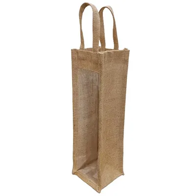 Sac bouteille jute avec fenêtre et poignées plates 10 x 10 x 35 cm 290 g/m² - Sac cadeau bouteille - 1 bouteille - Paquet de 10 - Sacs bouteilles