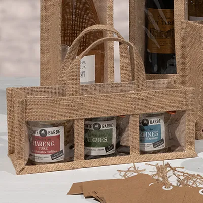 Sac jute 3 pots - Panier jute 3 pots - avec fenêtres 25 + 10 x 10 cm – Paquet de 10 - Sacs jute-2