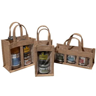 Sac jute 3 pots - Panier jute 3 pots - avec fenêtres 25 + 10 x 10 cm – Paquet de 10 - Sacs jute-3