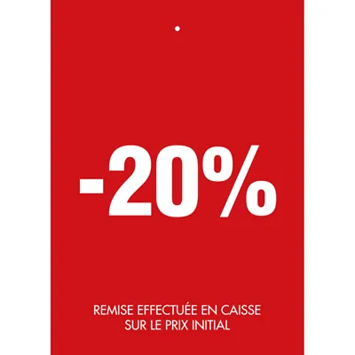 Etiquette à trou -20% rouge blanc 50x70mm - Etiquette soldes - Lot de 250 - Étiquettes Soldes