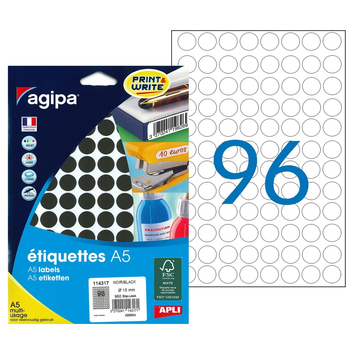 Pastille adhésive permanente Noire ø 15 mm Agipa - Pastille de signalisation - Étui de 960 - Gommettes de couleur-2