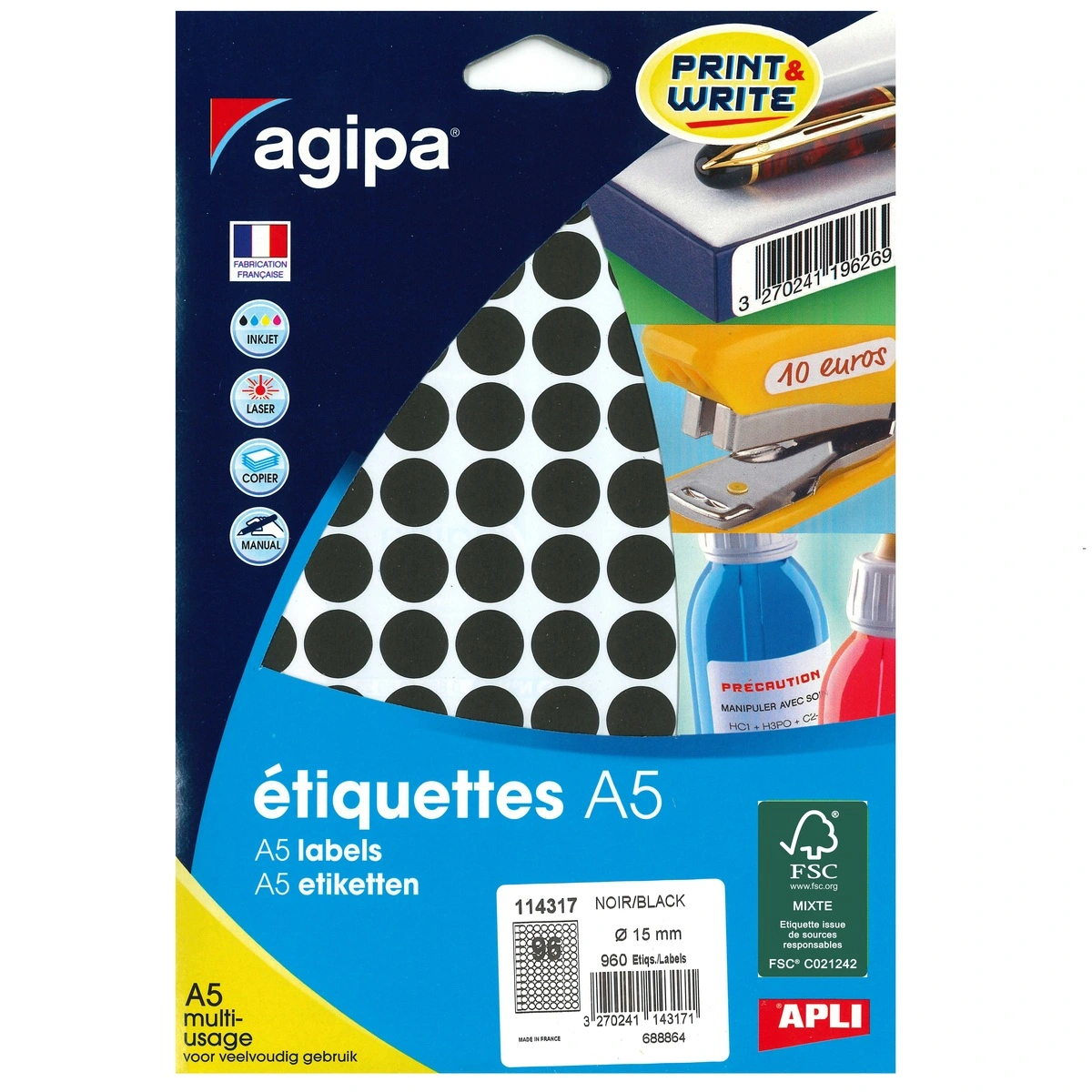Pastille adhésive permanente Noire ø 15 mm Agipa - Pastille de signalisation - Étui de 960 - Gommettes de couleur