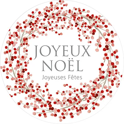 Étiquettes cadeaux adhésives rondes Joyeux Noël couronne fleur rouge/rose ø65 mm – Paquet de 200 - Étiquettes cadeaux adhésives