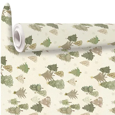 Papier cadeau sapins aquarelle beige/vert/brun 70 cm x 50 m 80 g/m² – Le rouleau - Papier cadeaux couchés à motifs-2
