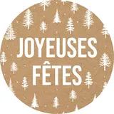 Étiquettes cadeaux adhésives Joyeuses Fêtes sapins brun / blanc ø 65 mm - Boîte de 200  - Étiquettes Noël