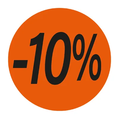 Pastille adhésive promo '-10%' rond ø 36 mm, Orange fluo - Sticker promo - Lot de 500 - Étiquettes adhésives Soldes, Étiquettes promotionnelles