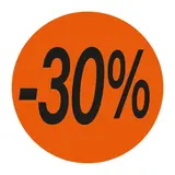 Pastille adhésive promo '-30%' rond ø 36 mm, Orange fluo - Sticker promo - Lot de 500 - Étiquettes adhésives Soldes, Étiquettes promotionnelles
