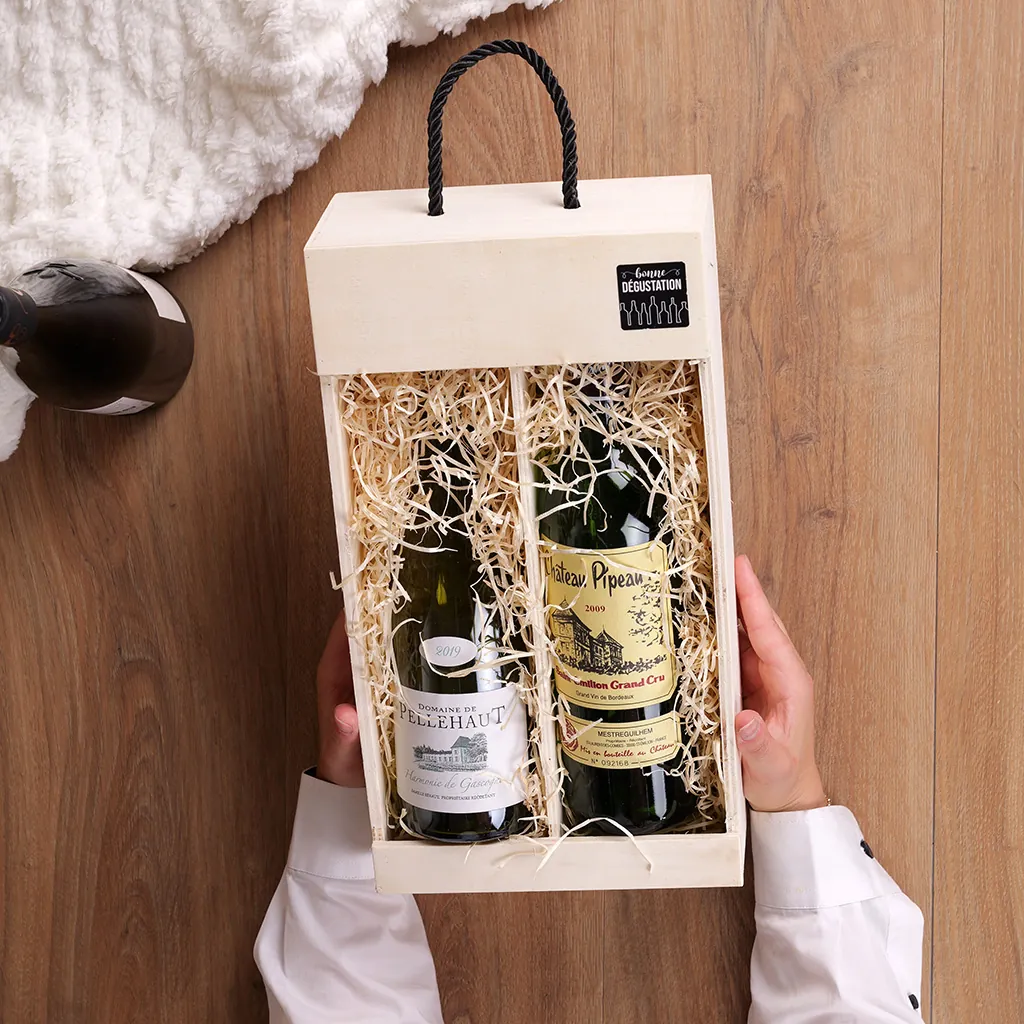 Coffret bois ouvert en façade - 2 bouteilles - 20,8 x 37,5 cm - Coffrets pour bouteilles de vin, Boîtes pour bouteilles de vin-3