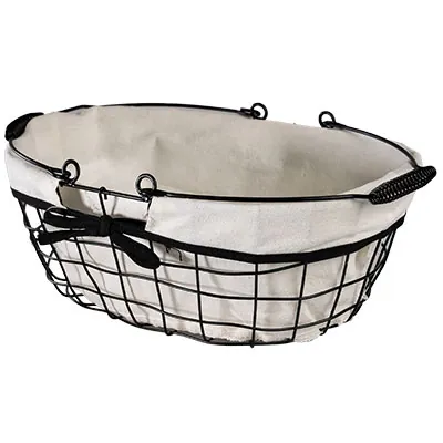 Panier métal ovale noir tissu blanc avec 2 anses 35 x 25 x 13 cm - Paniers à garnir