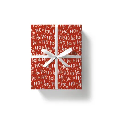 Papier cadeau rouge Ho Ho Ho flocons blancs 70 cm x 50 m 80 g/m² – Le rouleau - Papier cadeaux couchés à motifs-3