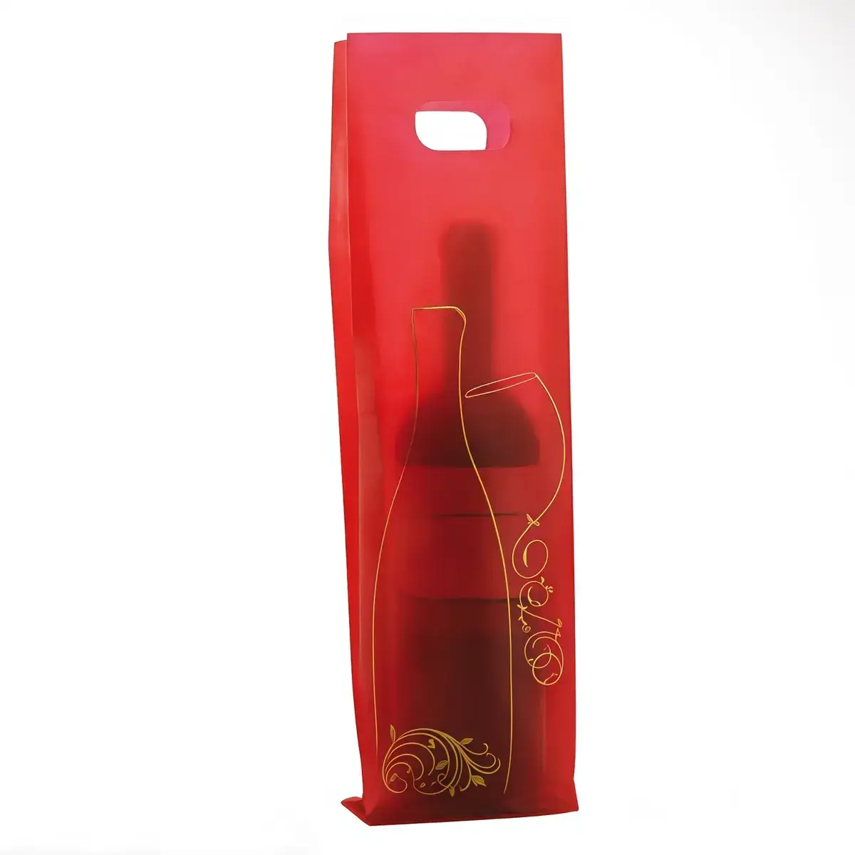 Sac bouteille plastique rouge / or Nomade Amazone 12 x 6 x 46 cm 50µ - Sac cadeau bouteille - 1 bouteille - Paquet de 50 - Sacs bouteilles