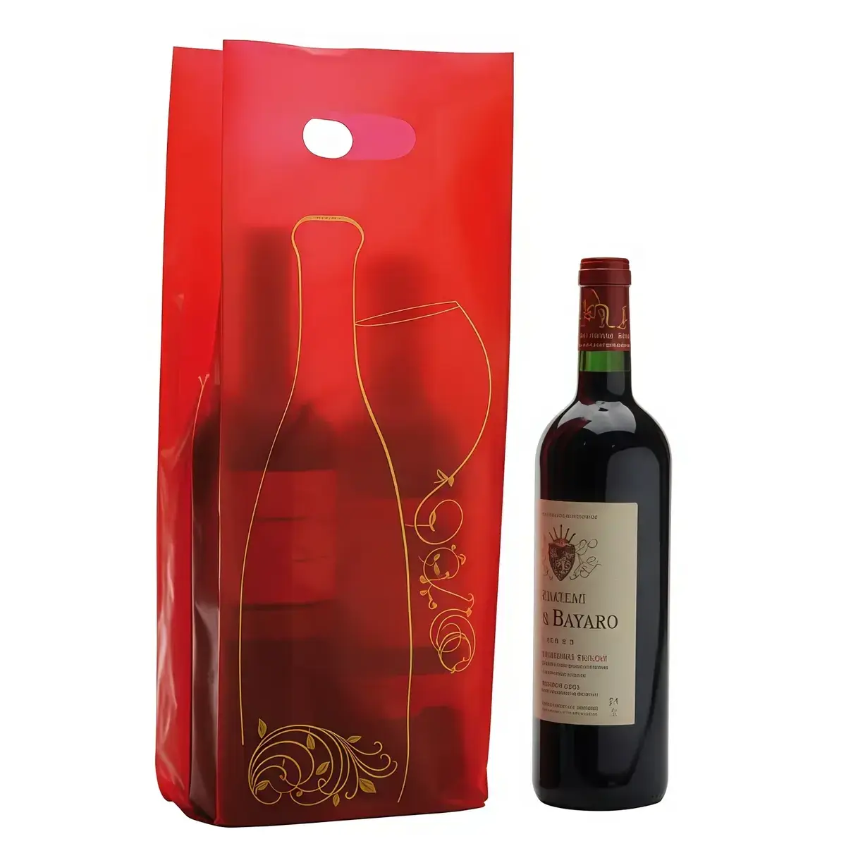 Sac bouteille plastique rouge / or Nomade Amazone 16 x 8 x 46 cm 70µ - Sac cadeau bouteille - 2 bouteilles - Paquet de 50 - Sacs bouteilles