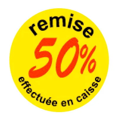 Pastille adhésive 'remise -50%' rond ø 50 mm, Jaune fluo - Sticker promo - Lot de 500 - Étiquettes adhésives Soldes, Étiquettes promotionnelles