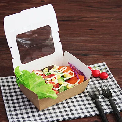 Boîte salade avec couvercle fenêtre 760 ml 16 x 12 x 5 cm carton kraft - Boîte salade à emporter - Lot de 50 - Boîtes salade, Bols salade-2