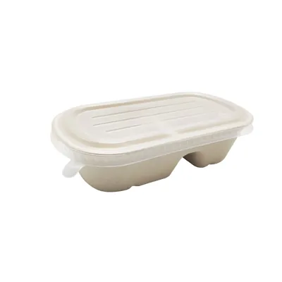 Boîte repas 2 compartiments 1000 ml fibre végétale - Lunch box 2 compartiments - Lot de 50 - Boîtes repas jetables, Plateaux compartimentés-4