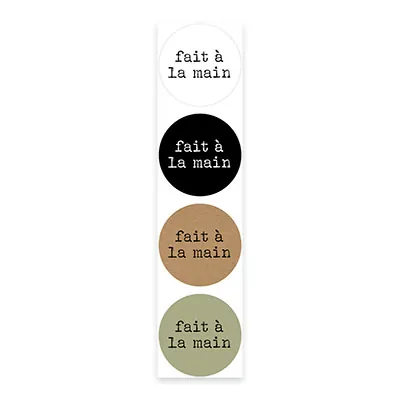 Étiquettes cadeaux adhésives rondes combi Fait à la main brun/noir/vert/blanc ø35 mm – Paquet de 500 - Étiquettes cadeaux adhésives