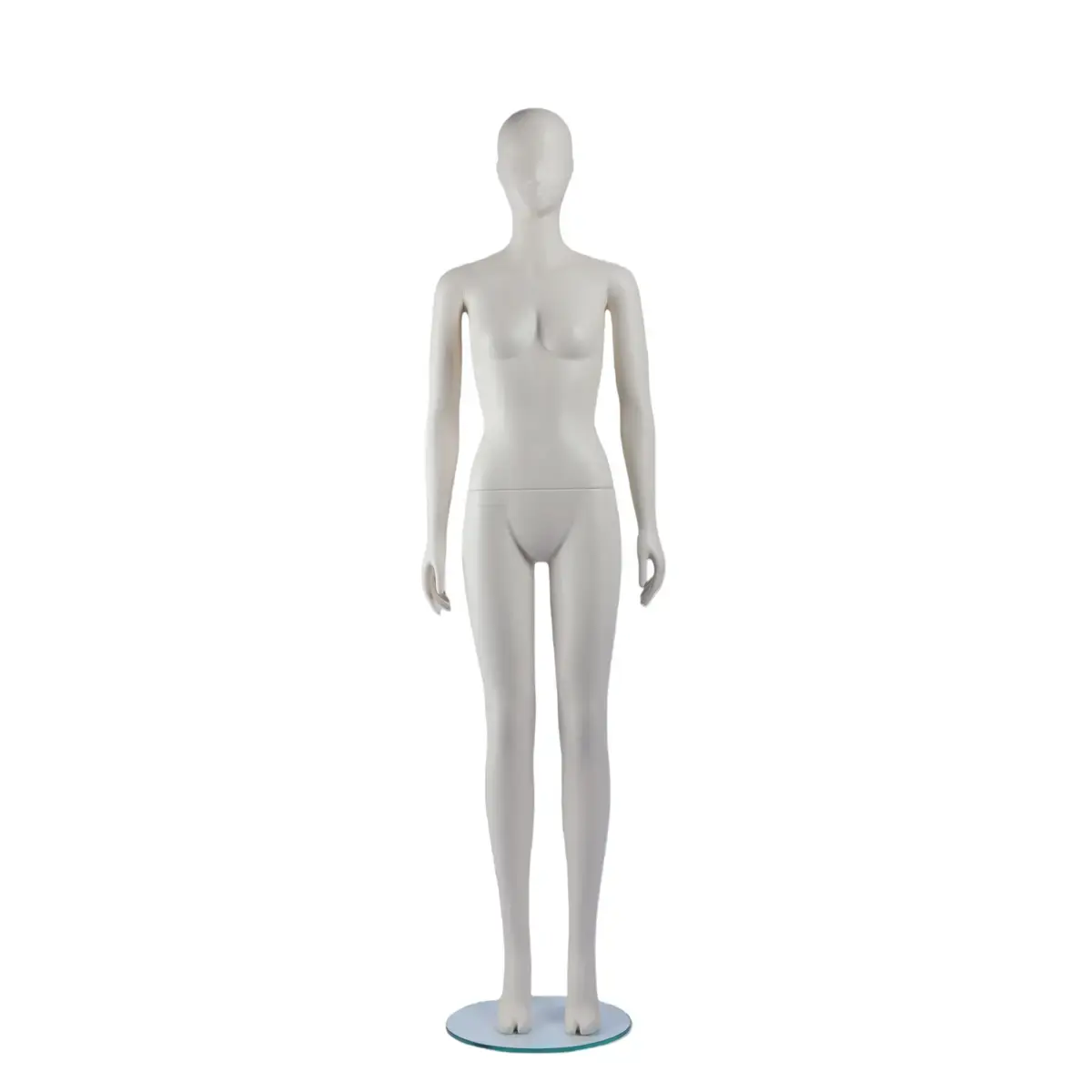 Mannequin vitrine femme tête abstraite blanc laqué H183 cm – Base verre ronde – Fixation mollet - Mannequins femmes