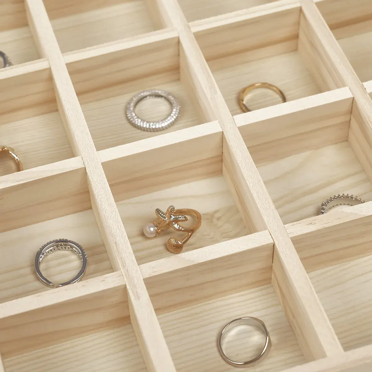 Plateau rangement bijoux bois 24 compartiments 35 x 24 x 3,5 cm - Organisateur bijoux - Présentoirs à bijoux multifonction-3