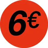 Pastille adhésive '6€' rond ø 36 mm, Orange fluo - Sticker promo - Lot de 500 - Étiquettes adhésives Soldes, Étiquettes promotionnelles