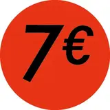 Pastille adhésive '7€' rond ø 36 mm, Orange fluo - Sticker promo - Lot de 500 - Pastilles Soldes, Stickers promotionnels