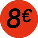 Pastille adhésive '8€' rond ø 36 mm, Orange fluo - Sticker promo - Lot de 500 - Gommettes adhésives évènementielles