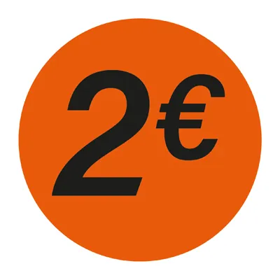 Pastille adhésive '2€' rond ø 36 mm, Orange fluo - Sticker promo - Lot de 500 - Pastilles Soldes, Stickers promotionnels