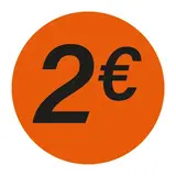 Pastille adhésive '2€' rond ø 36 mm, Orange fluo - Sticker promo - Lot de 500 - Étiquettes adhésives Soldes, Étiquettes promotionnelles