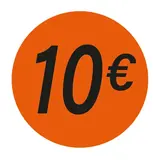Pastille adhésive '10€' rond ø 36 mm, Orange fluo - Sticker promo - Lot de 500 - Gommettes adhésives évènementielles
