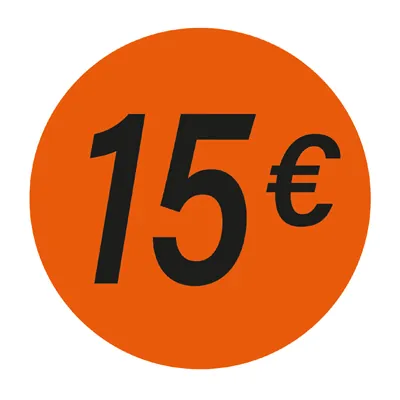 Pastille adhésive '15€' rond ø 36 mm, Orange fluo - Sticker promo - Lot de 500 - Étiquettes adhésives Soldes, Étiquettes promotionnelles