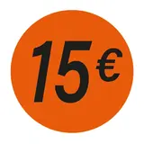 Pastille adhésive '15€' rond ø 36 mm, Orange fluo - Sticker promo - Lot de 500 - Gommettes adhésives évènementielles