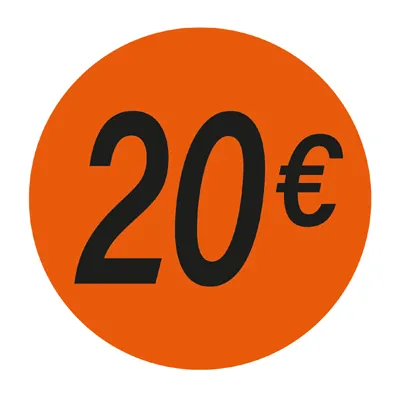 Pastille adhésive '20€' rond ø 36 mm, Orange fluo - Sticker promo - Lot de 500 - Étiquettes adhésives Soldes, Étiquettes promotionnelles