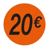 Pastille adhésive '20€' rond ø 36 mm, Orange fluo - Sticker promo - Lot de 500 - Gommettes adhésives évènementielles