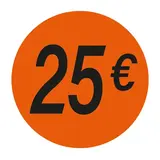 Pastille adhésive '25€' rond ø 36 mm, Orange fluo - Sticker promo - Lot de 500 - Gommettes adhésives évènementielles