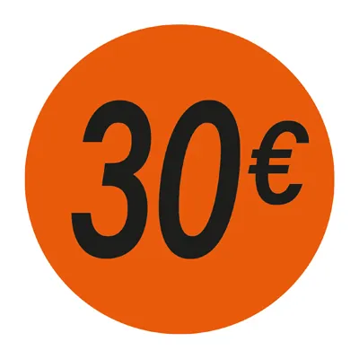 Pastille adhésive '30€' rond ø 36 mm, Orange fluo - Sticker promo - Lot de 500 - Étiquettes adhésives Soldes, Étiquettes promotionnelles