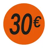 Pastille adhésive '30€' rond ø 36 mm, Orange fluo - Sticker promo - Lot de 500 - Étiquettes adhésives Soldes, Étiquettes promotionnelles