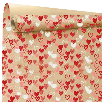 Papier cadeau kraft brun coeurs rouges et blancs My love 60 g - Rouleau de 70 cm x 50 m - Papiers cadeaux kraft à motifs-2