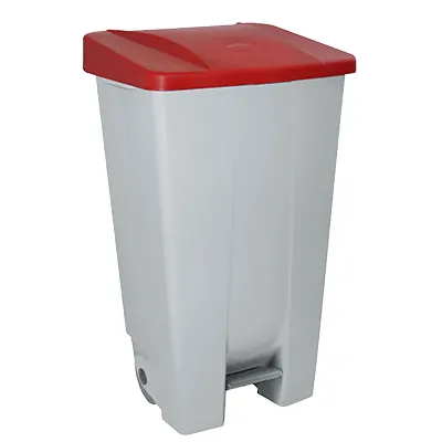 Poubelle à pédale 80 L plastique - Gris avec couvercle rouge - Poubelles professionnelles