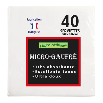 Serviette ouate micro-gaufrée 2 plis 38 x 38 cm - Serviette jetable - Serviette de table papier - Blanc - Paquet de 40 - Serviettes jetables, Serviettes cocktails