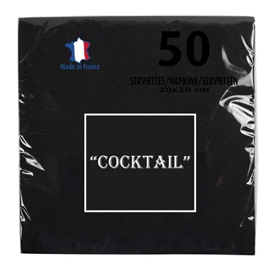 Serviette cocktail ouate micro-gaufrée 2 plis 20 x 20 cm - Mini serviette - Noir - Paquet de 50 - Serviettes jetables, Serviettes cocktails