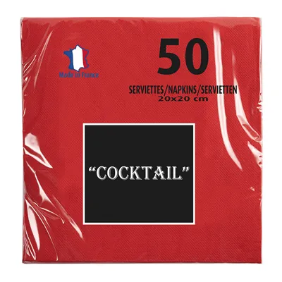Serviette cocktail ouate micro-gaufrée 2 plis 20 x 20 cm - Mini serviette - Rouge - Paquet de 50 - Serviettes jetables, Serviettes cocktails
