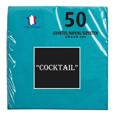 Serviette cocktail ouate micro-gaufrée 2 plis 20 x 20 cm - Mini serviette - Bleu turquoise - Paquet de 50 - Serviettes jetables, Serviettes cocktails