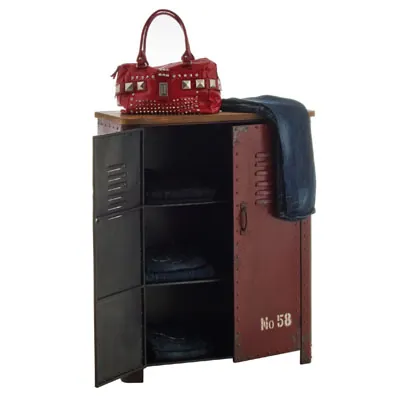 Buffet 2 portes bois / métal vieilli rouge style industriel 82 x 35,7 x 102 cm - Étagères magasins, Présentoirs bois-3