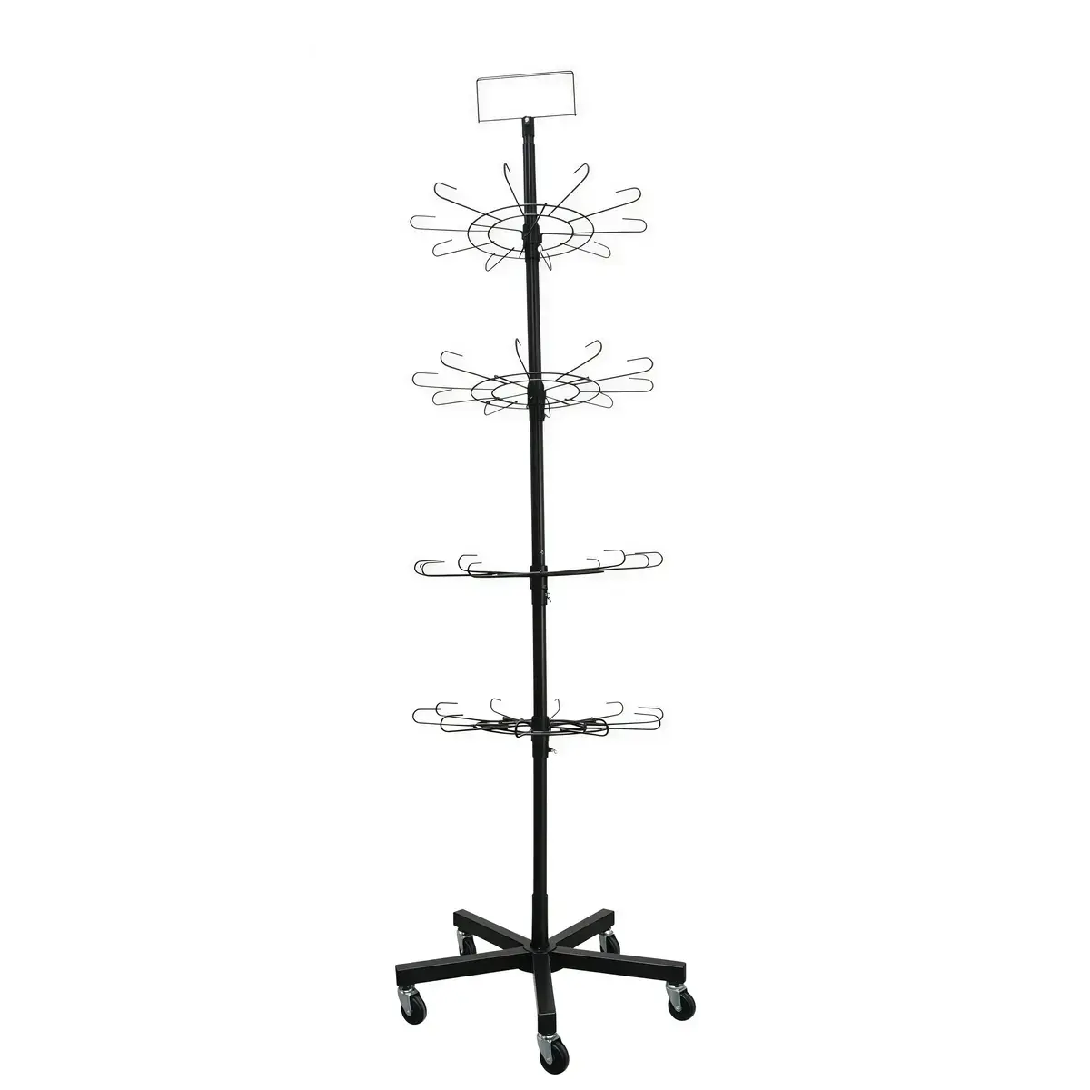 Présentoir tourniquet rotatif métal noir 4 étages 185cm – Support boutique sur roulettes - Présentoirs à bijoux multifonction