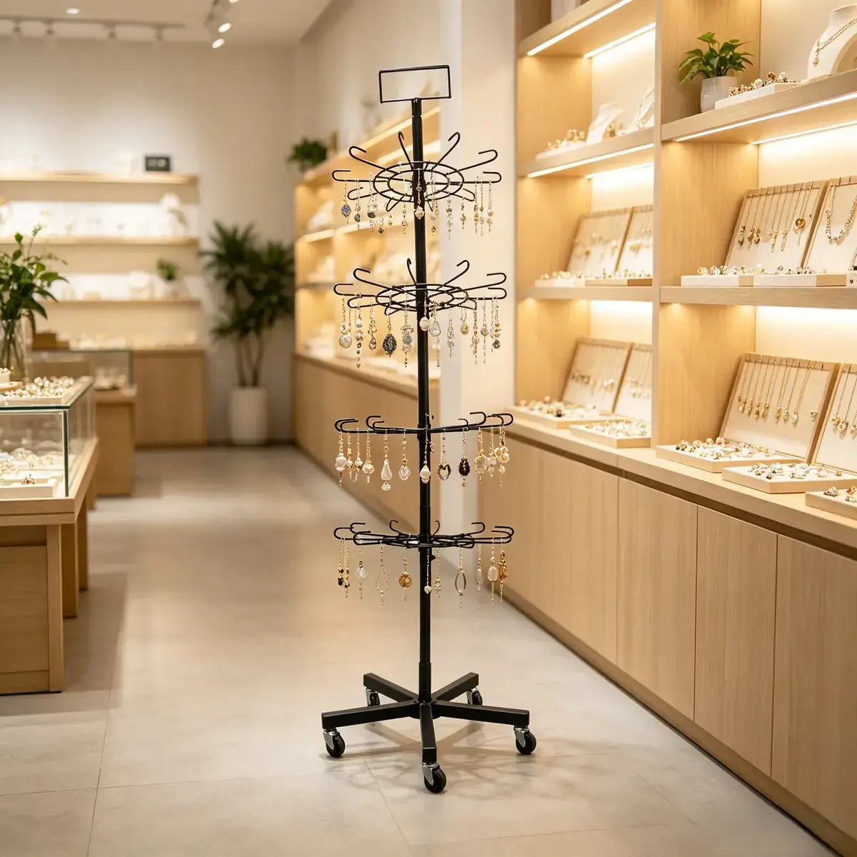 Présentoir tourniquet rotatif métal noir 4 étages 185cm – Support boutique sur roulettes - Présentoirs à bijoux multifonction-5