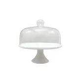 Cloche à gâteau en verre sur pied céramique ø 23 x H 24 cm - Présentoir gâteau sur pied - Blanc - Emballage alimentaire
