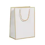 Sac papier luxe pelliculé blanc liseré or 25 + 13 x H 33 cm - Sac cadeau - Paquet de 20 - Sacs pelliculés poignées cordelette