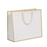 Sac papier luxe pelliculé blanc liseré or 36 + 13 x H 30 cm - Sac cadeau - Paquet de 20 - Sacs pelliculés poignées cordelette