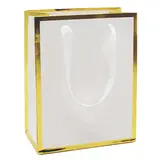 Sac cadeau premium pelliculé blanc liseré or 18 + 10 x H 22 cm - Sac papier luxe - Paquet de 20 - Sacs pelliculés unis, poignées ruban