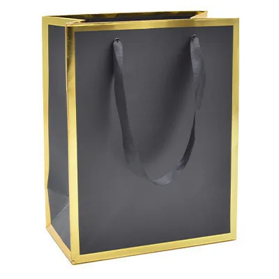 Sac cadeau premium pelliculé noir liseré or 18 + 10 x H 22 cm - Sac papier luxe - Paquet de 20 - Sacs pelliculés unis, poignées ruban
