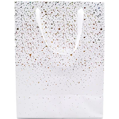 Sac cadeau pelliculé Terrazzo blanc / or / argent irisé 25 + 13 x H 33 cm - Paquet de 20 - Sacs pelliculés à motifs-2